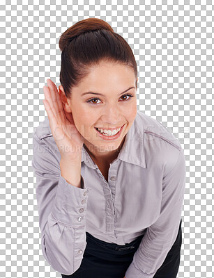 Buy stock photo Ear, listening and portrait of business woman hearing gossip, announcement or secret on transparent, isolated or png background. Face, person with hand cupping ears to hear happy news or listen