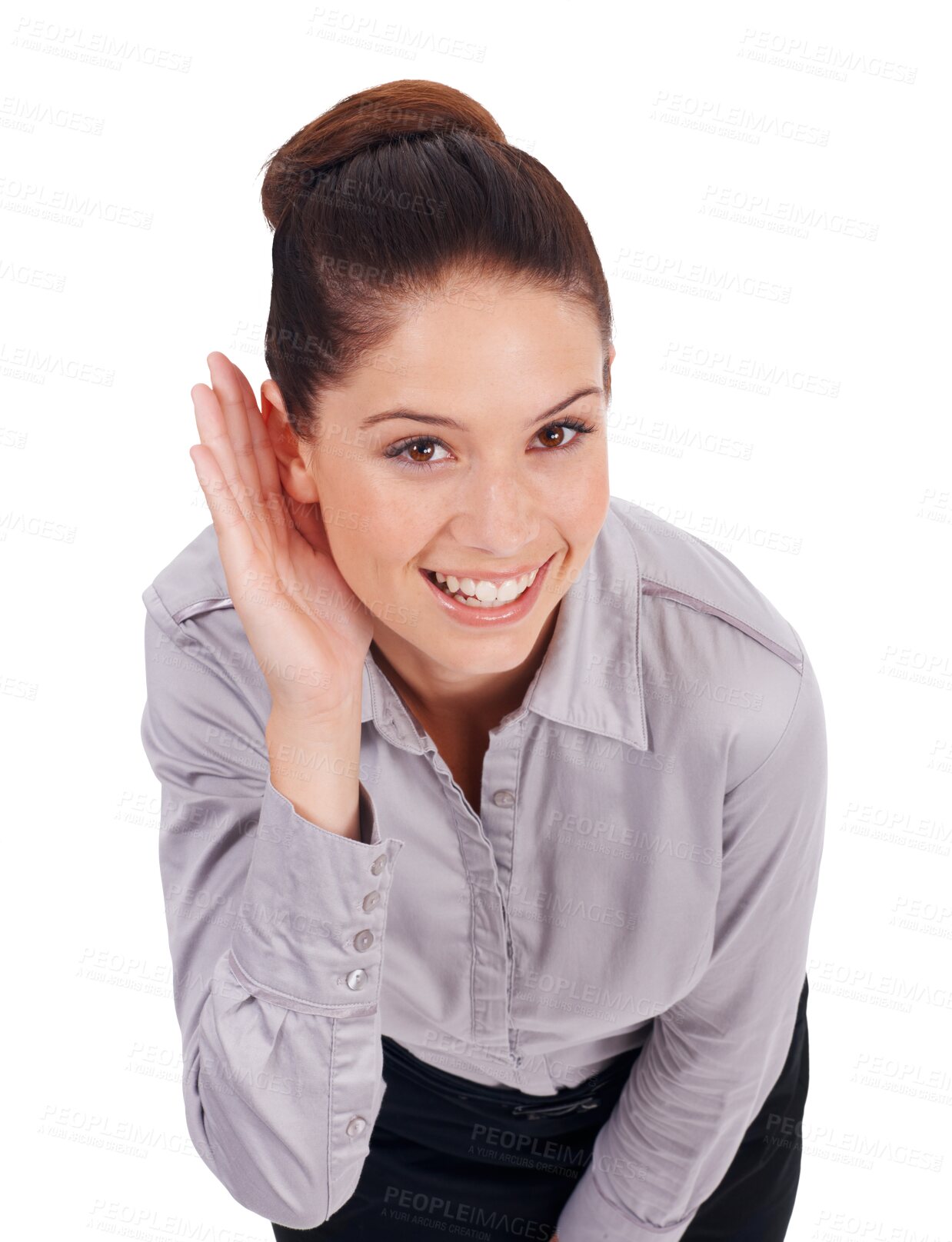 Buy stock photo Ear, listening and portrait of business woman hearing gossip, announcement or secret on transparent, isolated or png background. Face, person with hand cupping ears to hear happy news or listen