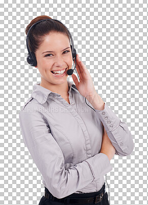 Buy stock photo Call center, portrait and business woman, consultant or agent in virtual communication, customer support and contact. Agency, help and happy person with advice isolated on transparent png background