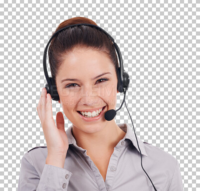 Buy stock photo Call center, customer service and smile of a woman with headset isolated on a transparent, png background. Face of person, agent or consultant for crm, sales support and telemarketing or help desk
