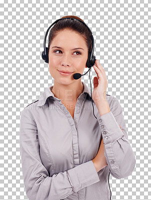 Buy stock photo Business woman, call center and thinking of communication, customer support and agency or consultant solution. Agent or happy person listening, ideas and virtual advice, telecom or contact service