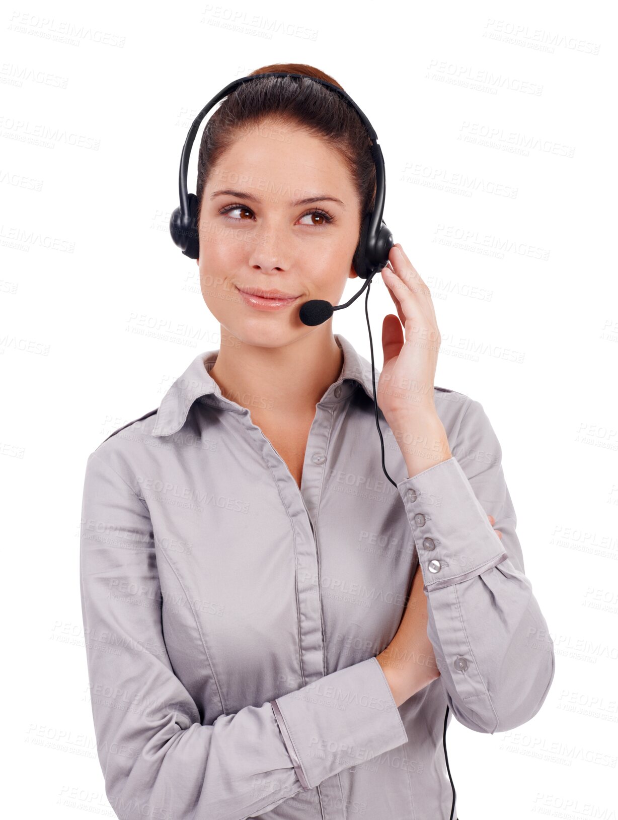 Buy stock photo Business woman, call center and thinking of communication, customer support and agency or consultant solution. Agent or happy person listening, ideas and virtual advice, telecom or contact service