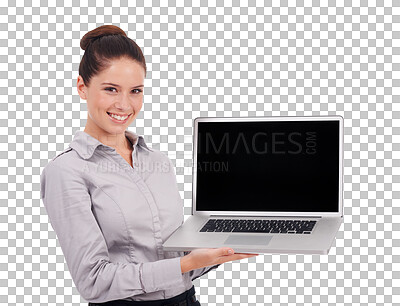 Buy stock photo Laptop mockup, portrait and business woman on screen presentation, advertising website or career application. Happy person with computer and job marketing space isolated on transparent png background