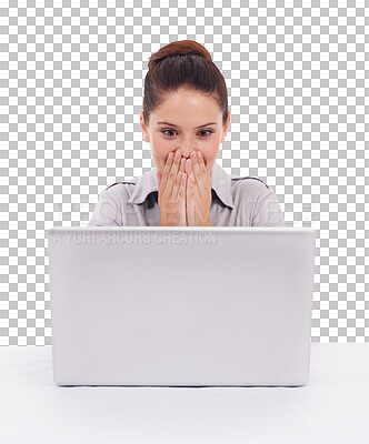 Buy stock photo Laptop, surprise and businesswoman with good news online for job promotion, success or achievement. Technology, shock and professional female person on computer isolated by transparent png background