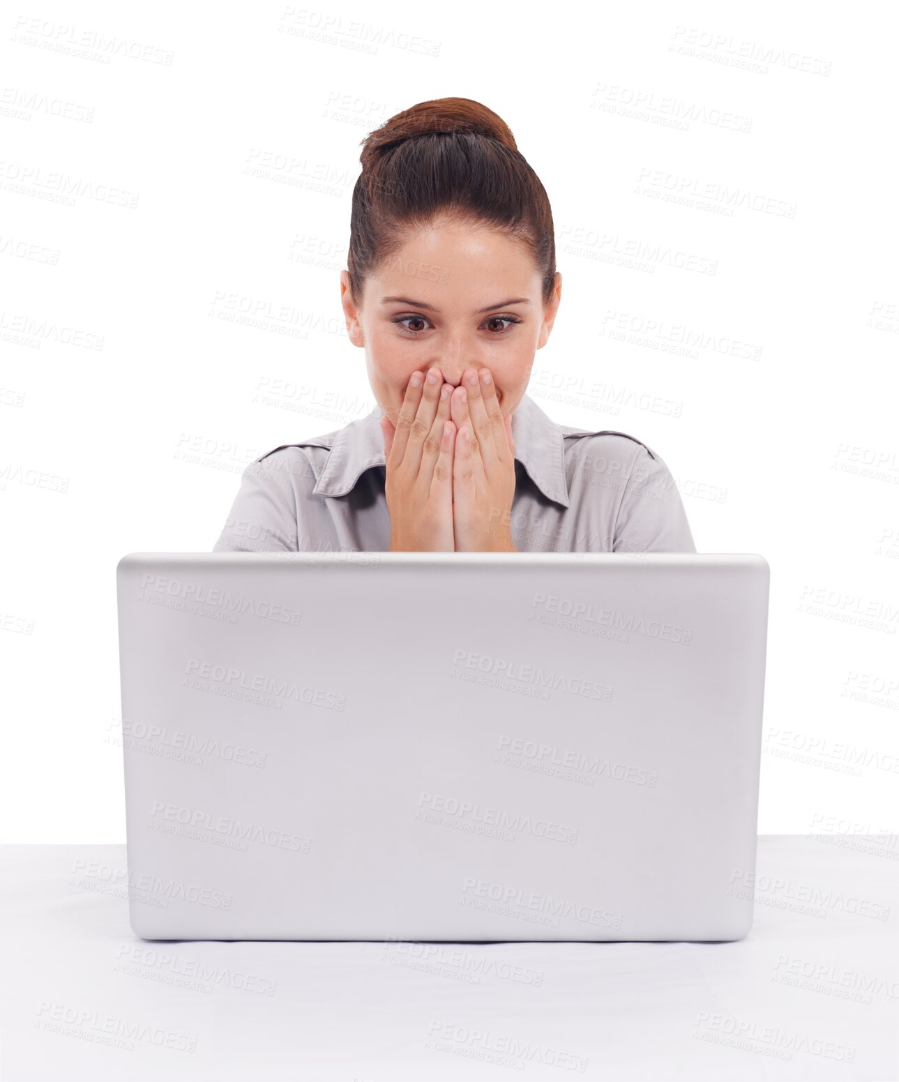 Buy stock photo Laptop, surprise and businesswoman with good news online for job promotion, success or achievement. Technology, shock and professional female person on computer isolated by transparent png background