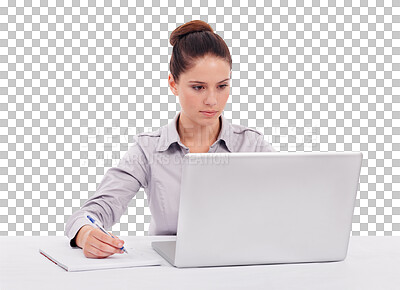 Buy stock photo Technology, businesswoman with laptop and notebook writing isolated against a transparent png background. Online computer or planning, connectivity and female person write notes in book at desk