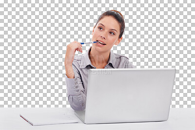 Buy stock photo Isolated business woman, thinking and laptop with ideas, vision or focus by transparent png background. Young businesswoman, computer and brainstorming for problem solving, solution and mindset