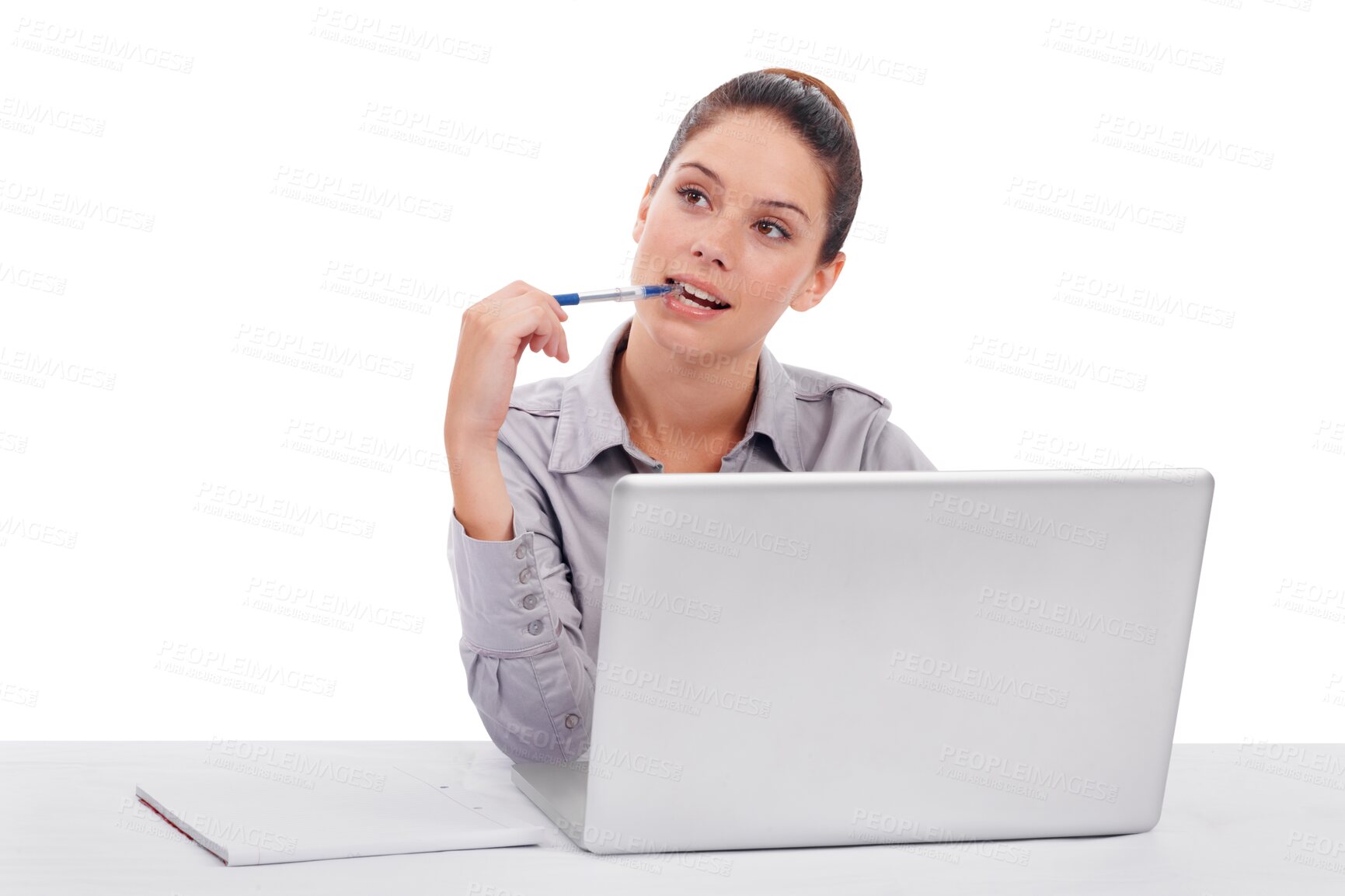 Buy stock photo Isolated business woman, thinking and laptop with ideas, vision or focus by transparent png background. Young businesswoman, computer and brainstorming for problem solving, solution and mindset