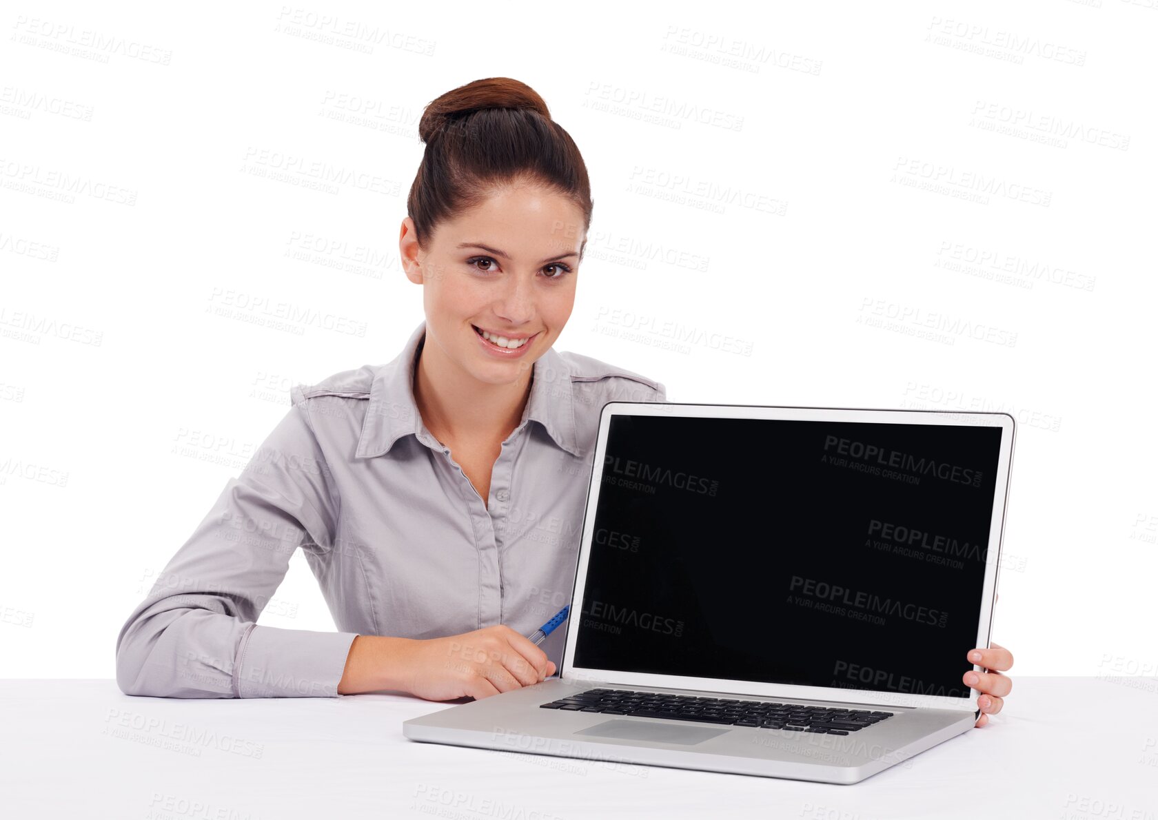 Buy stock photo Portrait, laptop screen and woman with mockup on table isolated on a transparent png background. Business person, computer and copy space for marketing, advertising or branding, promotion and happy.