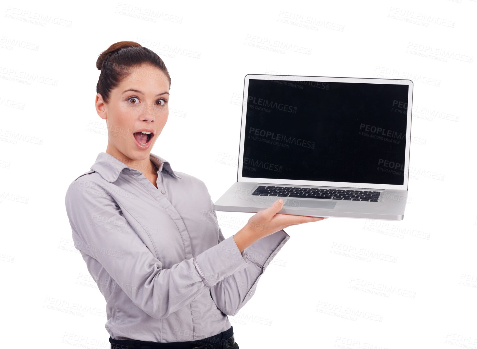 Buy stock photo Laptop mockup, portrait and woman wow for screen presentation, advertising or business news or sale. Surprise, website launch and happy person on computer space isolated on transparent png background