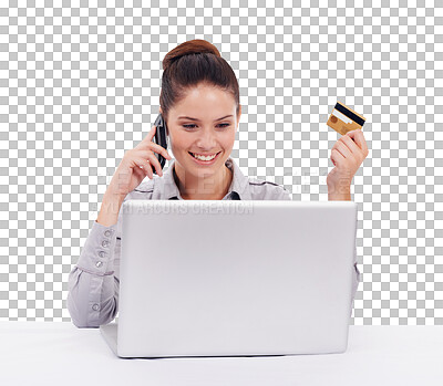 Buy stock photo Ecommerce, woman with laptop and credit card on a phone call isolated against a transparent png background with smile. Online shopping or technology, cellphone and female person with bank information