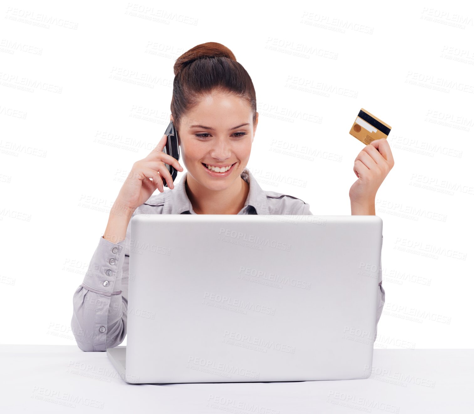 Buy stock photo Ecommerce, woman with laptop and credit card on a phone call isolated against a transparent png background with smile. Online shopping or technology, cellphone and female person with bank information