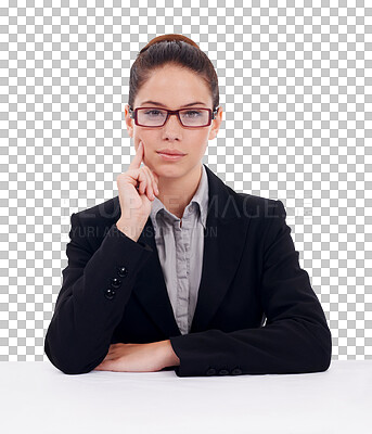 Buy stock photo Portrait, corporate and a serious woman lawyer isolated on a transparent background for legal advice. Business, law and glasses with a professional female attorney in a suit on PNG for judicial work