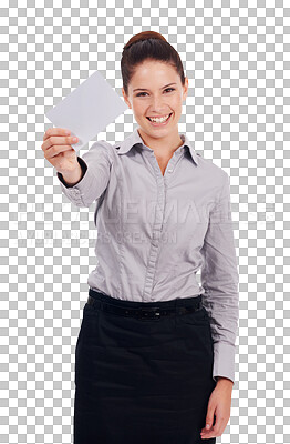 Buy stock photo Mockup, business card and smile portrait of a woman, isolated on transparent, png background. Professional person with blank paper in hand for corporate advice, contact us or advertising space
