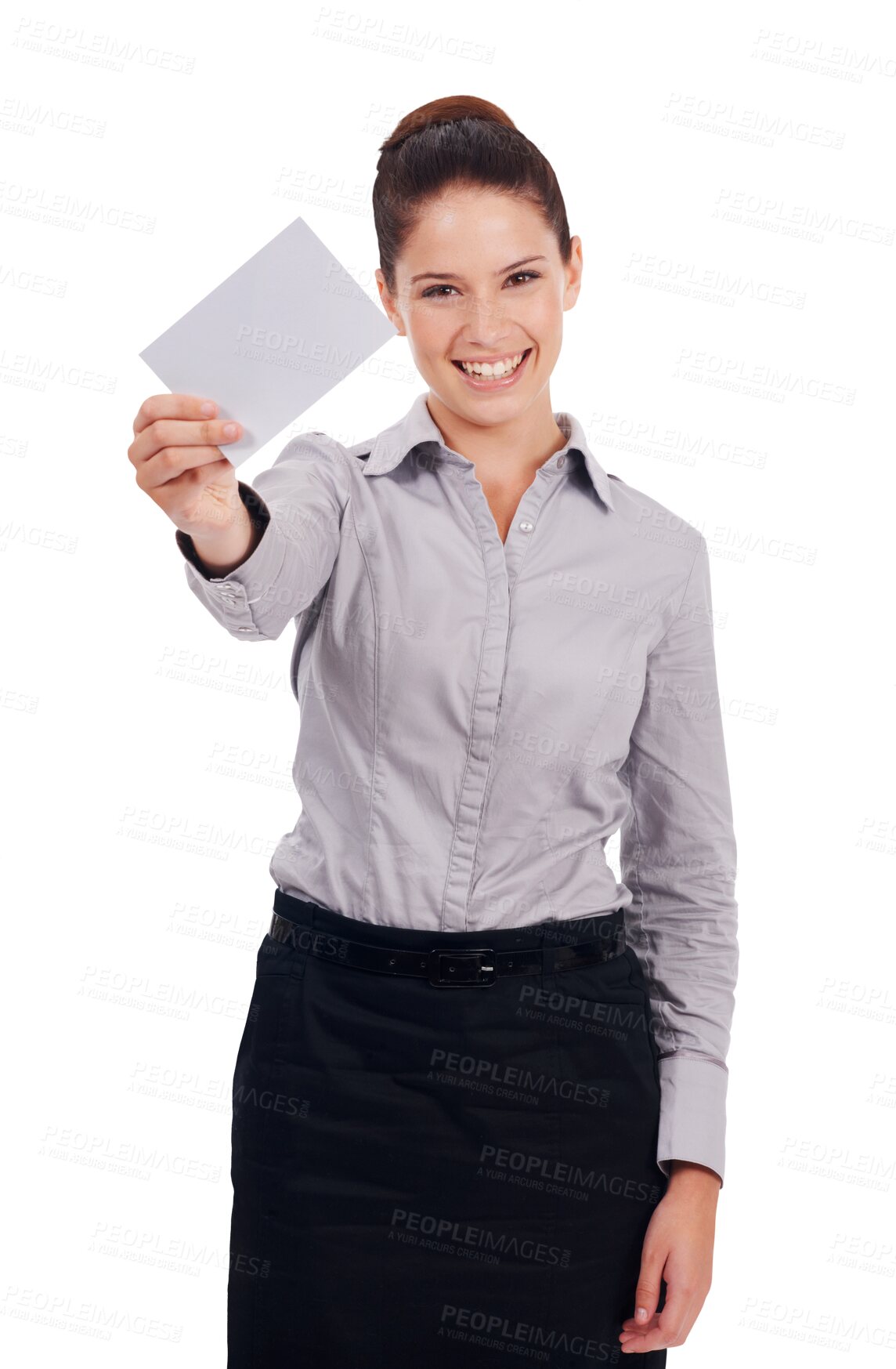 Buy stock photo Mockup, business card and smile portrait of a woman, isolated on transparent, png background. Professional person with blank paper in hand for corporate advice, contact us or advertising space
