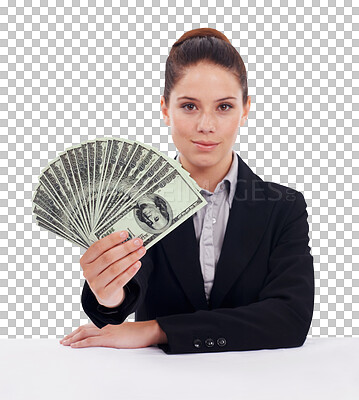 Buy stock photo Money, casino game and portrait of a woman with dollar bills for rich, savings and account management. Serious, gambling and young female person with cash isolated by a transparent png background.