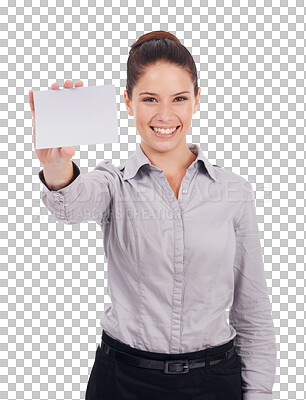 Buy stock photo Smile, portrait of woman with mockup business card isolated on transparent, png background. Professional person with blank paper in hand for corporate advice, contact us or advertising logo space
