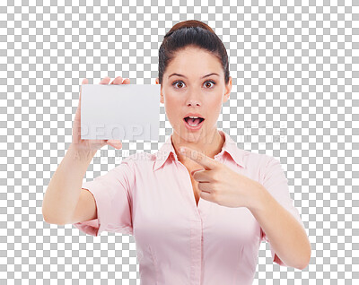 Buy stock photo Surprise, woman and pointing at blank business card, isolated on transparent, png background. Wow face of young person with mockup paper in hand for corporate promotion, contact or advertising space
