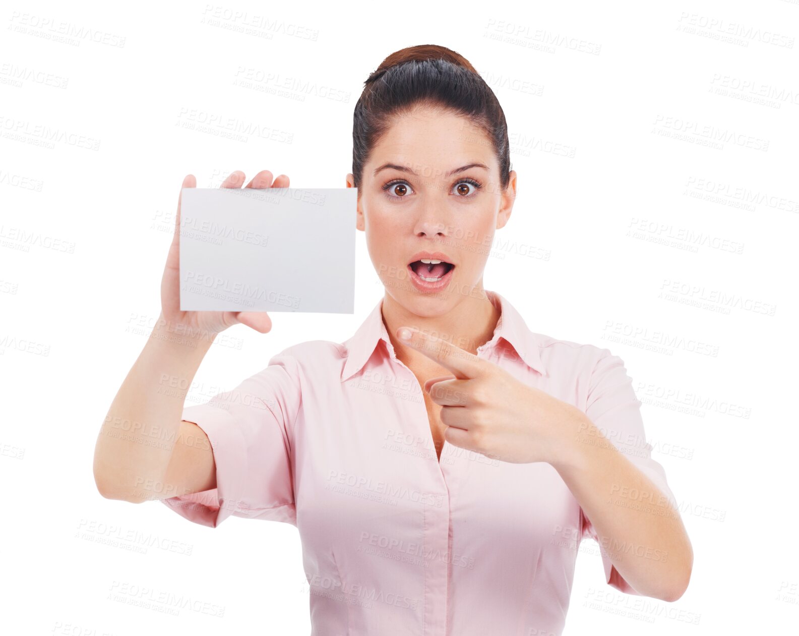 Buy stock photo Surprise, woman and pointing at blank business card, isolated on transparent, png background. Wow face of young person with mockup paper in hand for corporate promotion, contact or advertising space
