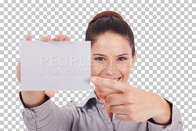 Buy stock photo Woman, hand and pointing at business card advertising isolated on transparent, png background. Professional person portrait and mockup paper for corporate advice, contact us and space for brand logo
