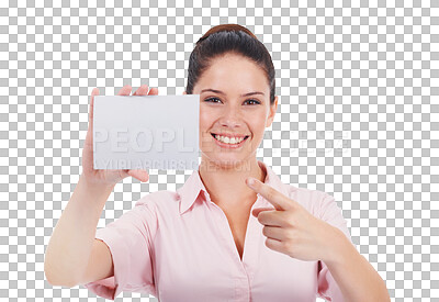 Buy stock photo Pointing finger, business card and a woman with advertising space isolated on transparent, png background. Happy person with mockup paper in hand as corporate advice, contact us or brand announcement