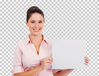 Buy stock photo Mockup, portrait and a woman with poster and smile isolated on transparent, png background. Professional person with blank paper for corporate announcement, contact us or advertising space for logo