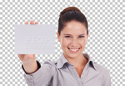 Buy stock photo Mockup, portrait and a woman with business card in hand, isolated on transparent, png background. Professional person with blank paper for corporate advice, contact us or advertising space for logo
