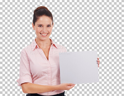 Buy stock photo Portrait, business and a woman with blank poster isolated on transparent, png background. Happy person with mockup paper sign for corporate announcement, contact us information or advertising space