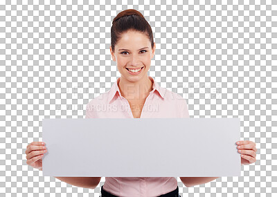 Buy stock photo Portrait, business woman and blank banner and smile isolated on transparent, png background. Professional person with mockup paper, board or sign for announcement, information or advertising space