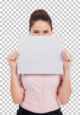 Buy stock photo Business, woman and blank poster over face isolated on transparent, png background. Portrait of person with mockup paper sign for corporate announcement, contact us information or advertising space