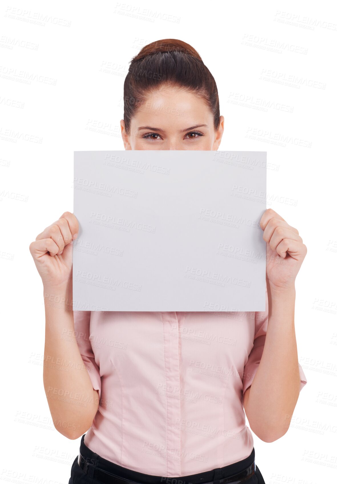 Buy stock photo Business, woman and blank poster over face isolated on transparent, png background. Portrait of person with mockup paper sign for corporate announcement, contact us information or advertising space