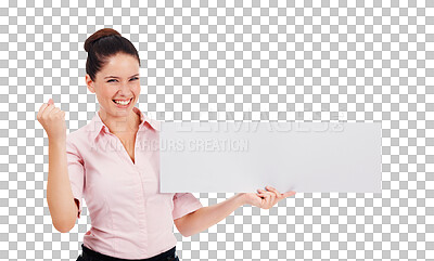 Buy stock photo Celebrate, blank banner and business woman with success isolated on transparent, png background. Portrait of excited person with mockup paper, board and announcement or advertising sign for winner