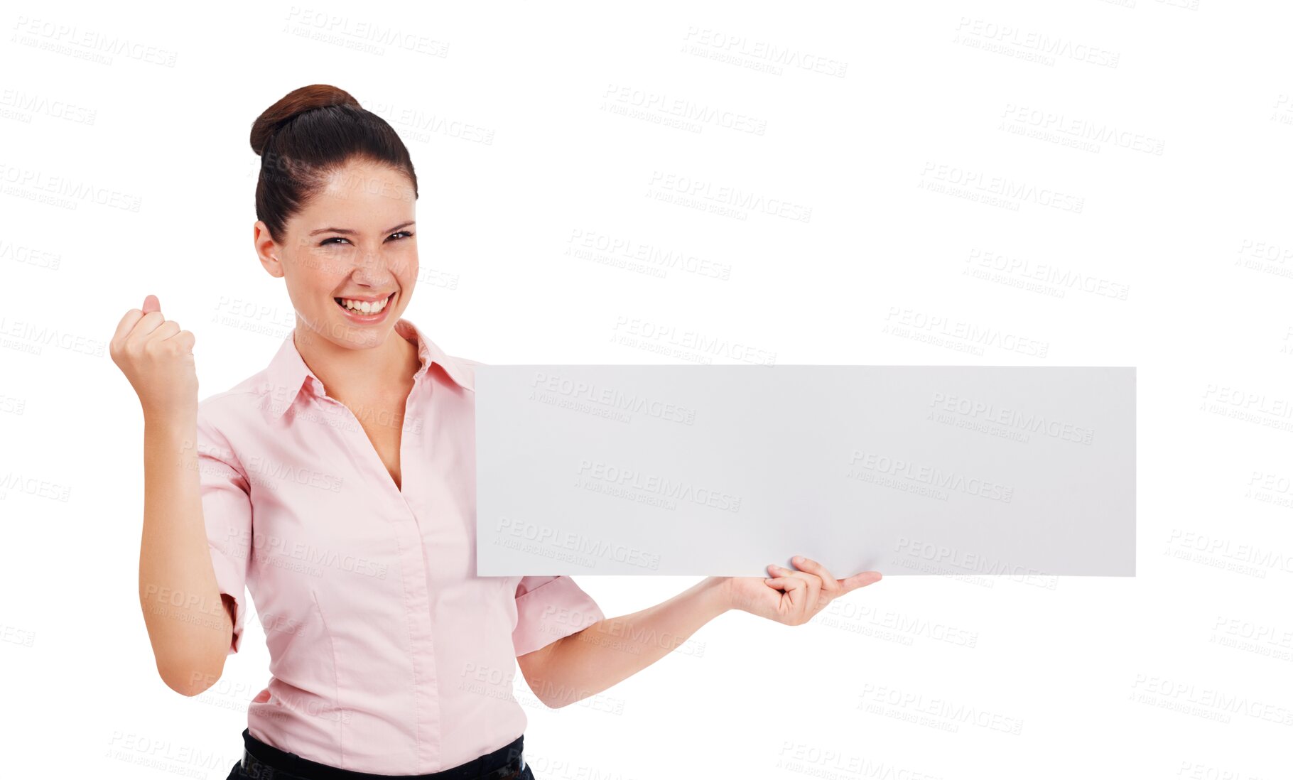 Buy stock photo Celebrate, blank banner and business woman with success isolated on transparent, png background. Portrait of excited person with mockup paper, board and announcement or advertising sign for winner