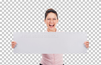 Buy stock photo Blank banner, excited and business woman isolated on transparent, png background. Female person scream and proud of mockup poster, board and announcement or advertising sign to celebrate winner