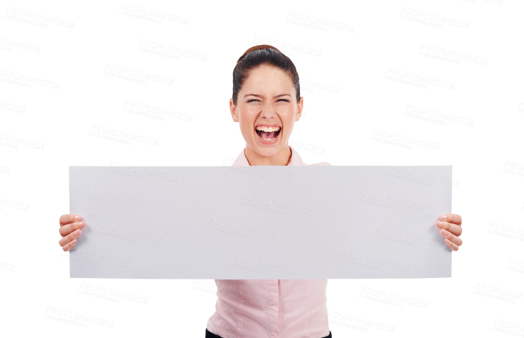 Buy stock photo Blank banner, excited and business woman isolated on transparent, png background. Female person scream and proud of mockup poster, board and announcement or advertising sign to celebrate winner