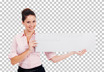 Buy stock photo Blank banner, portrait and business woman with a smile isolated on transparent, png background. Happy person with mockup poster, board or sign for announcement, information or advertising space