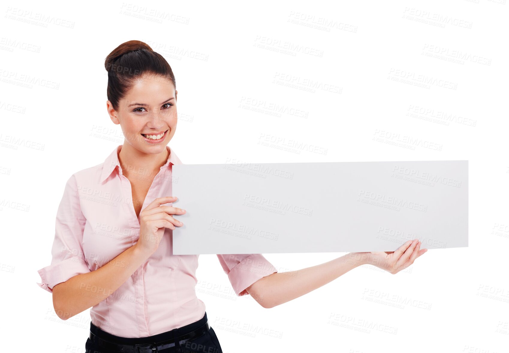 Buy stock photo Blank banner, portrait and business woman with a smile isolated on transparent, png background. Happy person with mockup poster, board or sign for announcement, information or advertising space