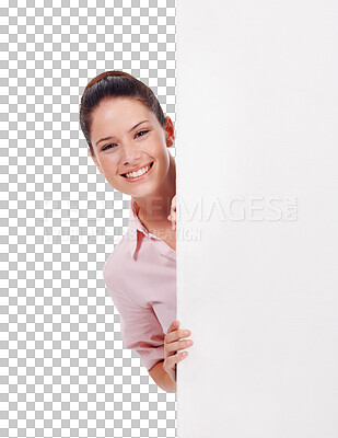 Buy stock photo Isolated business woman, behind board and portrait with mockup space by transparent png background. Young entrepreneur, businesswoman and billboard poster for promo, opinion and mock up with sign