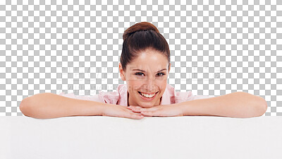 Buy stock photo Portrait, smile and mockup with a woman advertising on a blank or empty poster while isolated on a transparent background. Happy, face and placard with an attractive young brand ambassador on PNG