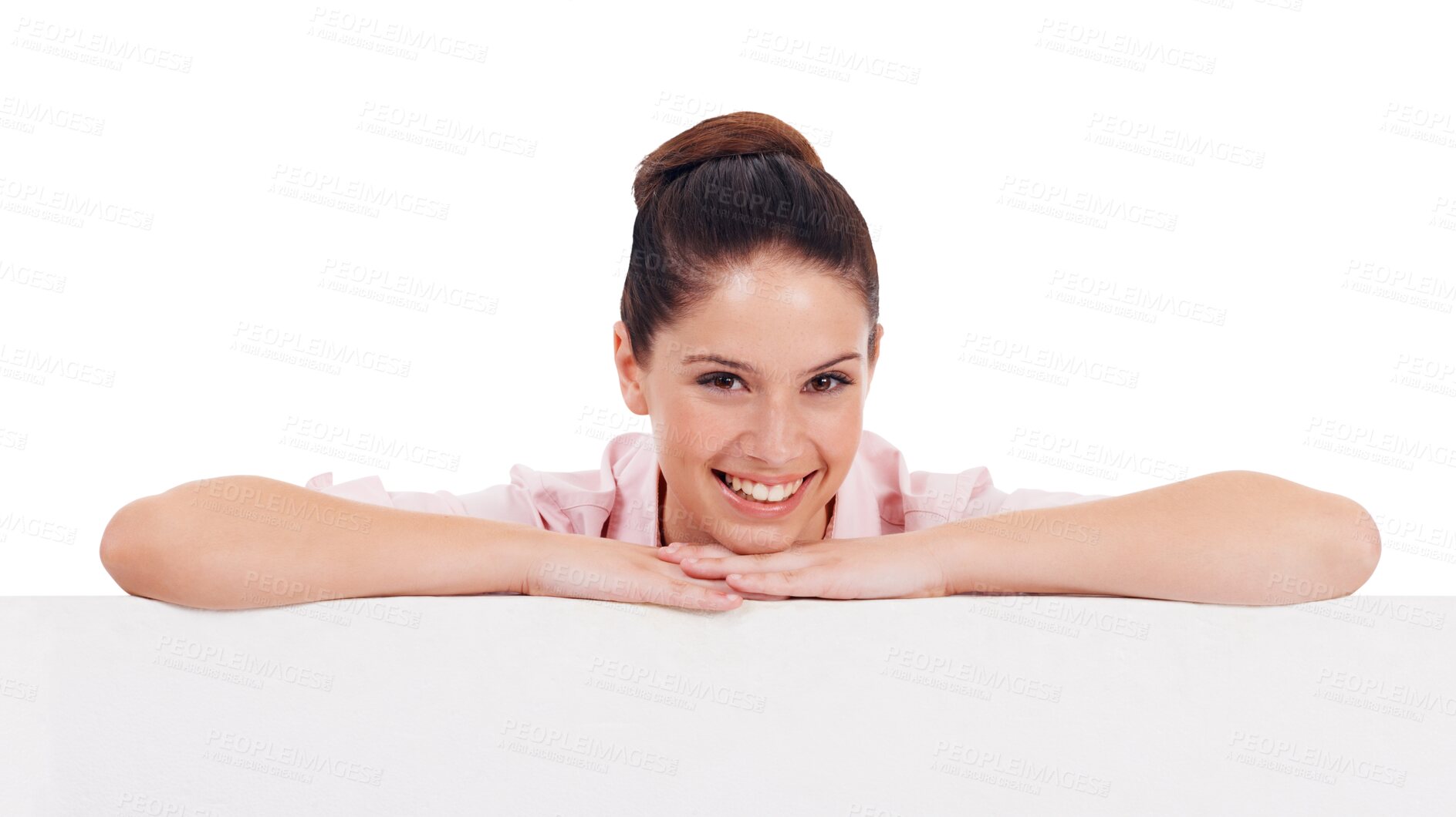 Buy stock photo Portrait, smile and mockup with a woman advertising on a blank or empty poster while isolated on a transparent background. Happy, face and placard with an attractive young brand ambassador on PNG