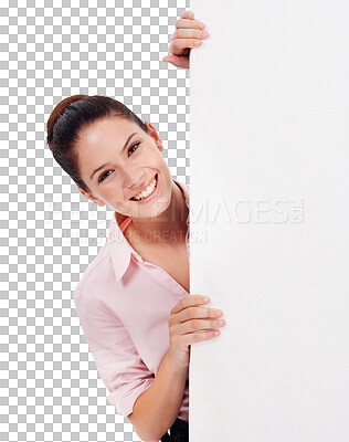 Buy stock photo Isolated business woman, behind billboard and portrait with mockup space for vote by transparent png background. Young entrepreneur, businesswoman and poster for promo, opinion and mock up with sign