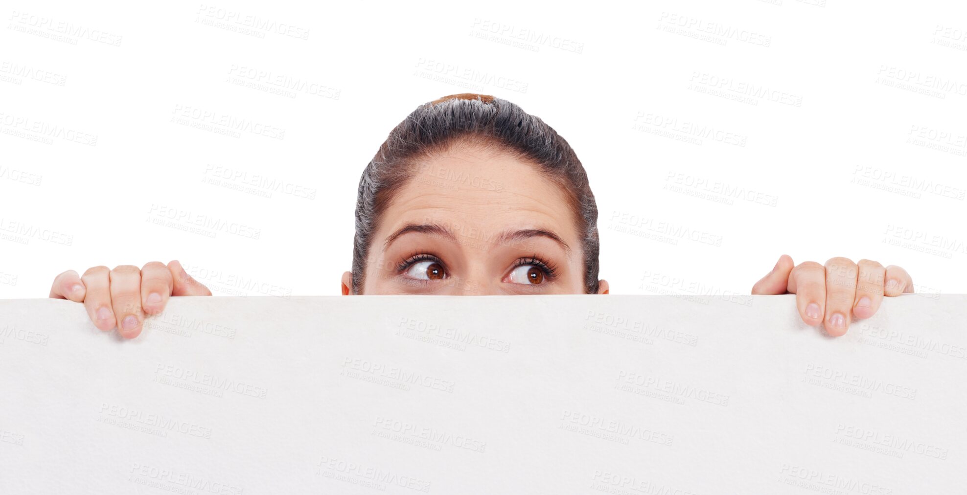 Buy stock photo Curious, eyes and woman with banner, poster or blank paper for mockup on transparent, isolated or png background. Face, portrait and expression for question or doubt for announcement or information