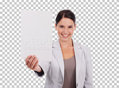 Buy stock photo Blank poster, portrait and business woman with a smile isolated on transparent, png background. Professional person with mockup paper or sign for corporate announcement, contract or advertising space