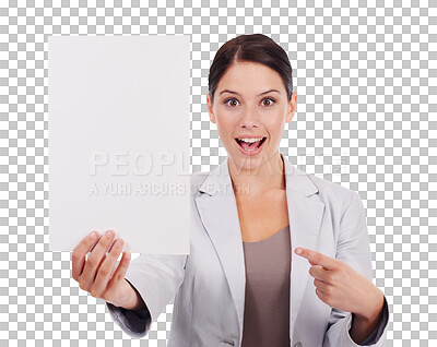 Buy stock photo Excited, surprise and woman pointing whiteboard for promotion isolated in a transparent or png background. Corporate, employee and young business entrepreneur showing promo, deal or sale discount