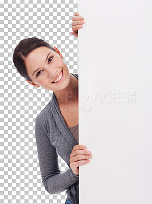 Buy stock photo Isolated woman, behind billboard and portrait with mockup space, smile and vote by transparent png background. Young entrepreneur, businesswoman and poster for promo, opinion and mock up with sign