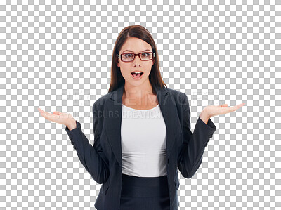 Buy stock photo ??Palm, decision and business woman portrait isolated on transparent png background with wow emoji. Choice, confused or surprised person with why sign or hands for presentation, offer or questions