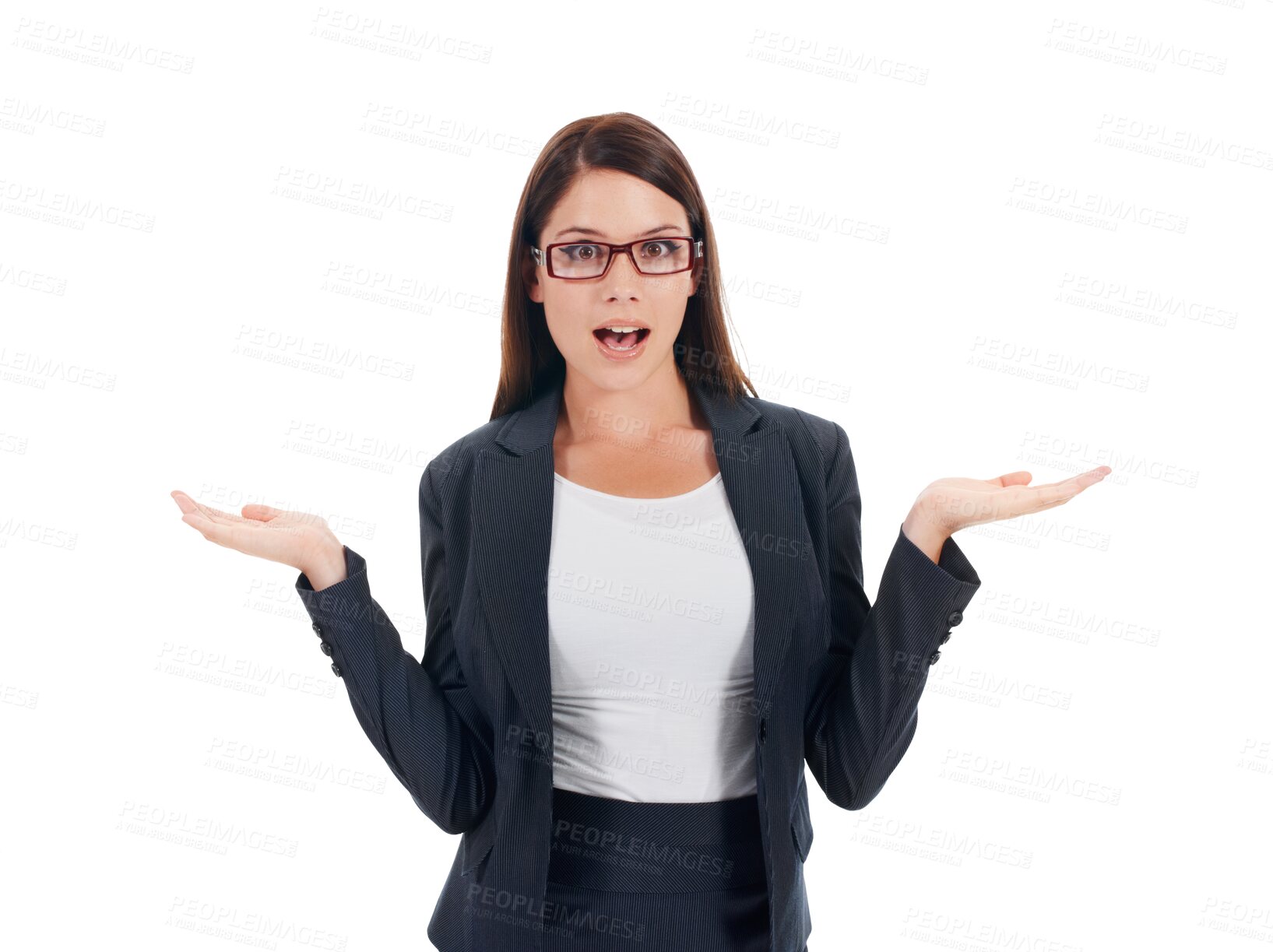 Buy stock photo ??Palm, decision and business woman portrait isolated on transparent png background with wow emoji. Choice, confused or surprised person with why sign or hands for presentation, offer or questions