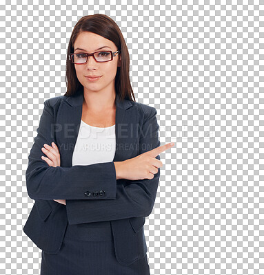 Buy stock photo Portrait, corporate and pointing with a woman lawyer isolated on a transparent background for legal advice. Business, law and glasses with a female attorney in a suit on PNG for judicial options