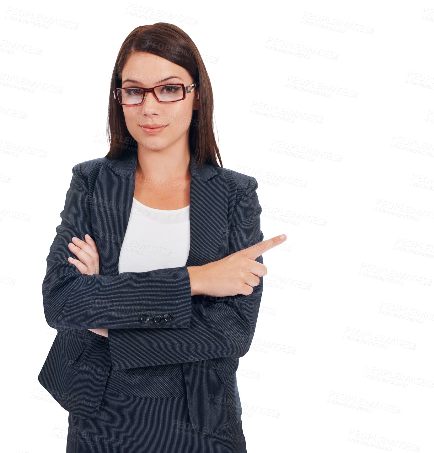 Buy stock photo Portrait, corporate and pointing with a woman lawyer isolated on a transparent background for legal advice. Business, law and glasses with a female attorney in a suit on PNG for judicial options