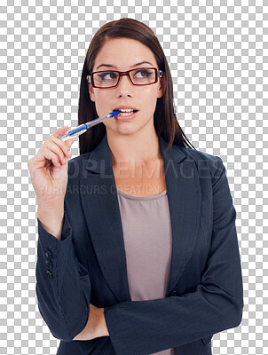 Buy stock photo Idea, future and a young lawyer woman isolated on a transparent background for legal problem solving. Thinking, law and question with an attractive female advocate planning her trial defense on PNG